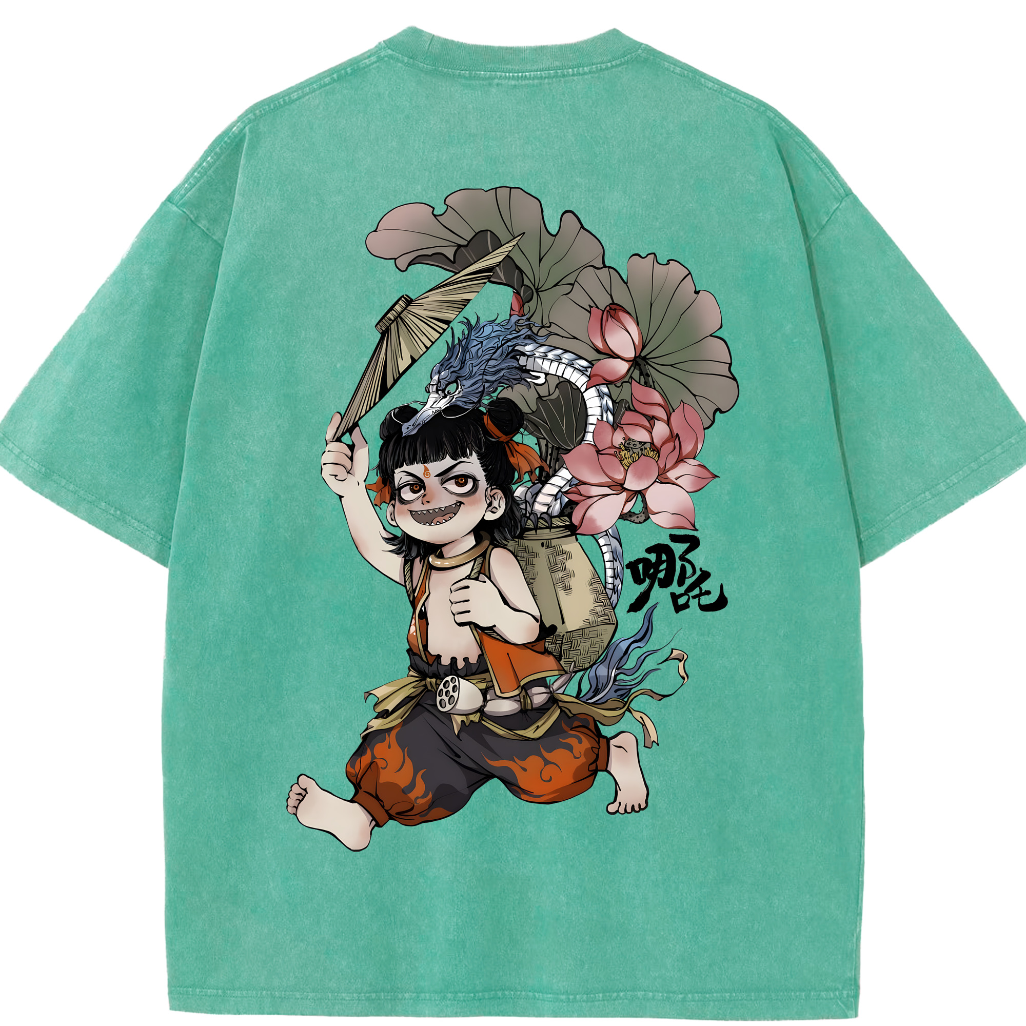 （画像用） Ne Zha 2 ナタ 魔童の大暴れ 綿100% ヴィンテージ風 半袖Tシャツ（背面プリント）